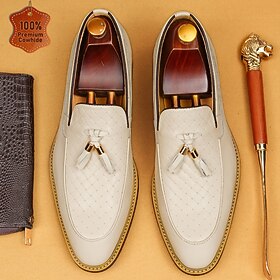 Men's Premium Genuine Leather White Tassel Loafers Slip-On Elegant Dress Shoes Woven Detail Formal Footwear for Groom, Wedding Guests, Banquets and Resort Even