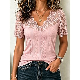 Women's Eyelet Top Pointelle Tee Lace Tops Lace Patchwork Plain Elegant Modern Short Sleeve V Neck Regular Tops Casual Daily White Black Lotus Root Pink Pink G