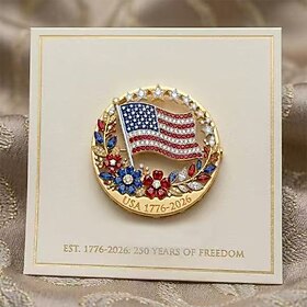 U.S. 250th Anniversary Enamel Brooch Pin American Flag Design, Patriotic Red White Blue Stars Flowers, Commemorative USA 1776-2026