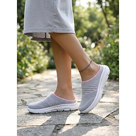 Women's Light Gray Breathable Knit Mule Sneakers - Comfort Slip-On Backless Sho…