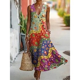 Women's Midi Dress A Line Dress Elegant Bohemia Ethnic Beach Holiday Regular Fit Floral Graphic Sleeveless V Neck Blue Red Purple Summer Spring