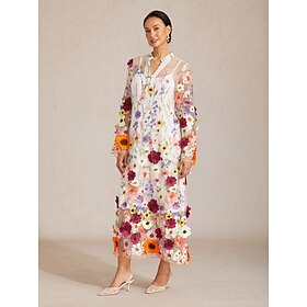 Women's Midi Dress Shift Dress Elegant Vacation Wedding Guest Holiday Lace Regular Fit Floral Long Sleeve V Neck White