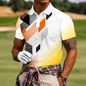 Men's Abstract Geometic Sports Polo Shirts Short Sleeve Polo Shirts Lapel Casual Business Athleisure 3D Print Buttons Breathable Mesh Spring  Summer Blue Yello