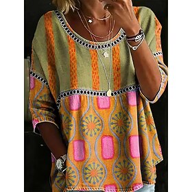 Women's Shirt Eyelet Top Casual Shirt Patchwork Buttons Print Graphic Geometric Elegant Bohemia Active Crew Neck Regular Tops Casual Blue Yellow Purple Orange