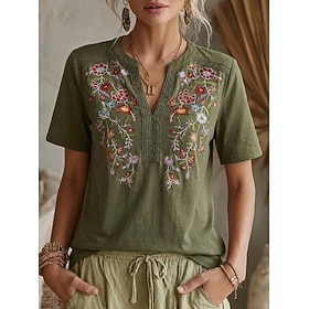 Per donna Blusa Top in pizzo Camicie ricamate Pizzo Ricamato Floreale Vintage Boho Manica Corta Scollo a V Top Regolari Casuale Ferie Estate Nero Verd