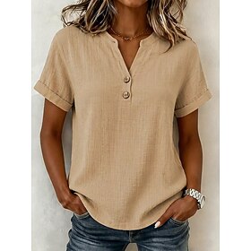 Women's Shirt Texture Blouse Elegant Fashion Short Sleeve Henley Regular Tops Casual Daily Beach Yellow Pink Camel Purple Green Summer Spring