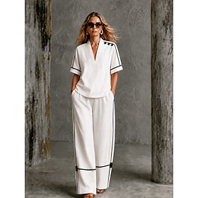Women's Shirt Cotton Linen Sets Pants Sets Short Sleeve V Neck Floral Graphic Geometric Print Vacation Fashion Streetwear Casual Daily Outdoor Black White Spri