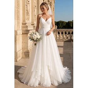 Robes de Mariage Simples Décontractées de Plage Robes de Mariage Manteau Camisole Sans Manches Train de Cour Chiffon Robes de Mariée Avec Pli