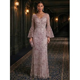 A-Line Dress Floor Length Cocktail Dress Mother of the Bride Dress Long Sleeve V Neck Elegant Luxurious Sparkle Shine Formal Wedding Guest Semi Formal Lace Tu