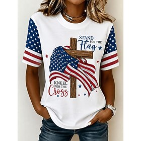 American Independence Day Women's T Shirt Print Graphic Flag Letter Vintage Fashion Stylish Short Sleeve Crew Neck Regular Tops Casual Daily Weekend White Summ
