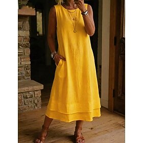 Women's Midi Dress Casual Dress A Line Dress Summer Dress Basic Classic Daily Vacation Regular Fit Plain Sleeveless Crew Neck Blue Khaki White Yellow Summer Sp