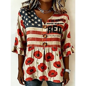 American Independence Day Women's Shirt Graphic USA American Flag Vintage Stylish Long Sleeve V Neck Long Tops Casual Daily Holiday Blue White Red Red / Blue S
