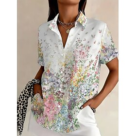 Women's Shirt Floral Graphic Vintage Tropical Stylish Short Sleeve Shirt Collar Regular Tops Casual Daily Blue White Yellow Grey Summer Spring