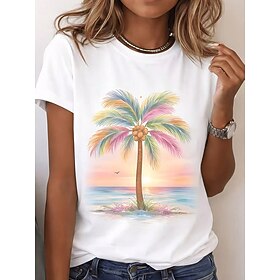 Women's T Shirt Print Graphic Plants Stylish Classic Casual Short Sleeve Crew Neck Regular Tops Casual Daily Blue White Yellow Summer Spring