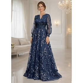 A-Line Dress Floor Length Maxi Dress Party Dress Cocktail Dress Mother of the Bride Dress Long Sleeve V Neck Elegant Vintage Luxurious Formal Wedding Guest Sem