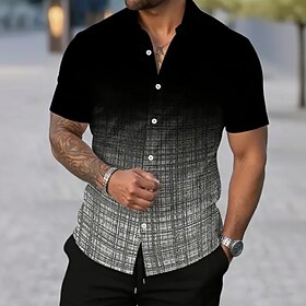 Men's Geometric Grid / Plaid Gradient Color Shirt Summer Shirt Button Up Shirt Short Sleeve Casual Daily Outdoor Vacation Summer Spring Turndown 3D Print Colla