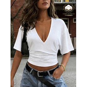 Women's 100% Cotton Summer Tops Vintage Stylish Short Sleeve V Neck Crop Tops Casual Black White Summer Spring