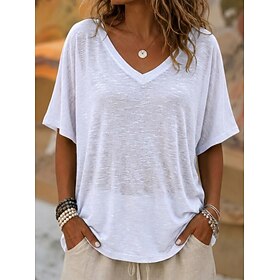 Women's T Shirt Tee Top Solid Color Stylish Casual Short Sleeve V Neck Regular Tops Daily Summer Vacation Wear White Khaki Coffee Gray Summer Spring