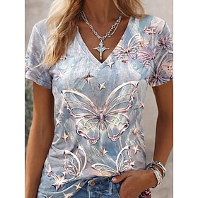 Women's T Shirt Color Block Print Graphic Animal Abstract Vintage Stylish Classic Short Sleeve V Neck Regular Tops Casual Daily Weekend Silver Light Purple Pur