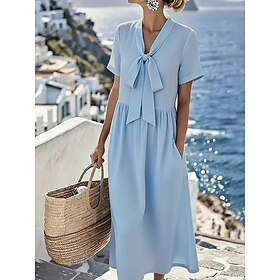 Women's Midi Dress A Line Dress Summer Dress Casual Daily Regular Fit Plain Short Sleeve V Neck Blue White Pink Summer