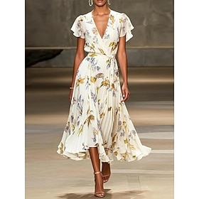 Women's Midi Dress A Line Dress Casual Outdoor Going out Regular Fit Floral Graphic Short Sleeve V Neck White Summer Spring