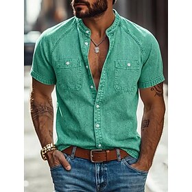 DenimTone™ Men Shirt Casual Shirt Faded Shirt Garment Dyed Cotton Acid Wash Shirt Blue Black Light Green Pink Purple Short Sleeve Plain Grandad Collar Mandarin