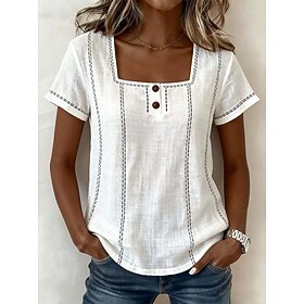 Women's Blouse Graphic Striped Vintage Stylish Basic Short Sleeve Square Neck Regular Tops Casual Daily Blue White Khaki Pink Summer Spring