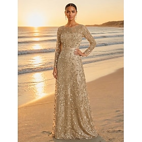 A-Line Dress Floor Length Party Dress Cocktail Dress Mother of the Bride Dress Long Sleeve Bateau Neck Elegant Vintage Luxurious Formal Wedding Guest Formal Ev