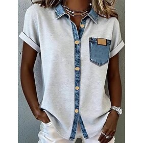 Women's Blouse Pocket Buttons Solid Color Color Block Stylish Casual Short Sleeve Shirt Collar Regular Tops Casual Daily Blue Yellow Pink Gray Summer Spring Fa