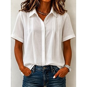 Women's Blouse Pleated Buttons Solid Color Plain Vintage Stylish Casual Short Sleeve Shirt Collar Regular Tops Casual Daily Blue White Yellow Pink Navy Blue Su