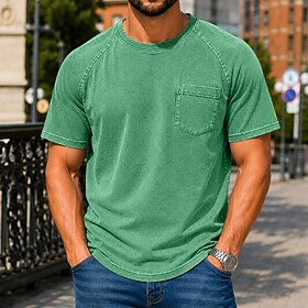 Men's Cotton T Shirt Washed Shirt Tee Top Short Sleeve Crew Neck Summer Spring All Seasons Solid Color Plain Retro Vintage Pocket Garment Dyed Washed Casual Va