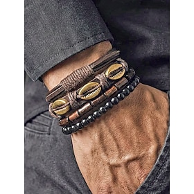 Men's Handmade Leather and Beaded Bracelet Set, Multi-Layer Vintage Style Wrist Jewelry, Adjustable Cord, Casual and Travel Accessories for Mature Men