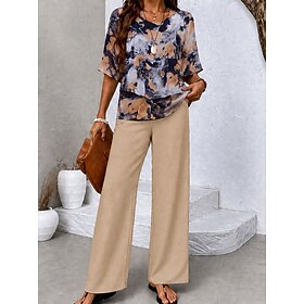 Women's Pants Sets Half Sleeve Butterfly Sleeve Round Neck Ombre Graphic Elegant Vacation Casual Daily Beach Blue Pink Purple Spring Summer Regular Fit