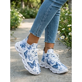 Women's Blue Butterfly Print Sneakers - Comfort Lightweight Athletic Shoes with Breathable Flyknit Upper and Hollow Sole, Casual Walking Shoes for Everyday Wea