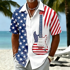 2026 250th Men's Guitar American Flag Shirt Summer Shirt Button Up Shirt Short Sleeve Patriotic Outdoor Festival Summer Spring Turndown 3D Print Collared Shirt