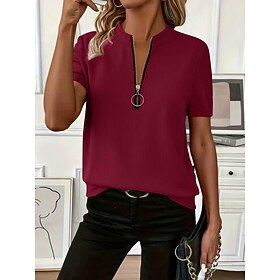 Women's T Shirt Tee Top Zipper Plain Fashion Stylish Classic Short Sleeve V Neck Regular Tops Casual Daily Going out Blue Black White Wine Brown Summer Spring