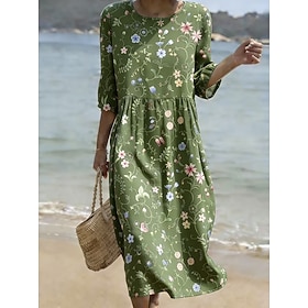 Per donna Abito Midi Abito a Tubino Vestito Estivo Vacanza Casual Spiaggia Uscire Vestibilità regolare Floreale Grafico Manica 3/4 Girocollo Bianco Ro
