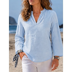 Per donna Camicia Camicie di cotone e lino Misto cotone Blusa Tinta unica Essenziale Manica Lunga Scollo a V Top lunghi Casuale Quotidiano Bianco Azzu