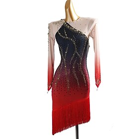 Latin Dance Dress Rhinestone Tassel Splicing Women's Performance Long Sleeve Ballroom Competition Costume for Salsa Cha Cha Tango