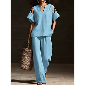 Women's Casual V-Neck Openwork Cotton Linen Pants Sets Plain Blue Black White Spring Summer Regular Fit