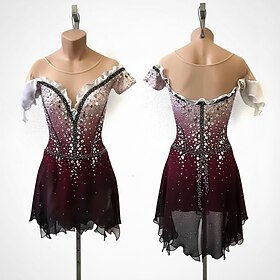 Figure Skating Dress Women's Ice Skating Dress BlackRed Patchwork Asymmetric Hem Stretchy Training Competition Skating Wear Classic Crystal / Rhinestone Short