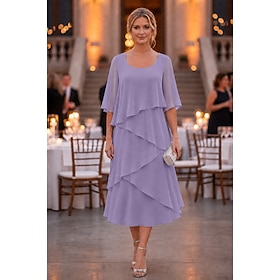 Sheath Column Tea Length Party Dress Cocktail Dress Wedding Guest Dress Mother of the Bride Dress Half Sleeve Scoop Neck Elegant Formal Chiffon with Ruffles