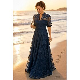 A-Line Dress Floor Length Lace Dress Mother of the Bride Dress Short Sleeve V Neck High Neck Elegant Vintage Luxurious Formal Wedding Guest Semi Formal Lace wi