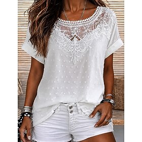 Women's Shirt Boho Shirt Lace Shirt Lace Elegant Bohemia Vacation Short Sleeve Long Tops Casual White Navy Blue Orange Summer Spring