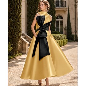 A-Line Tea Length Cocktail Dresses Party Dresses Elegant Silky Sleeveless Crew Neck Wedding Formal Pocket Satin with Bow(s) Beading