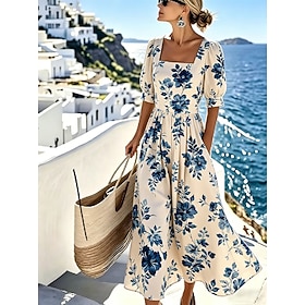 Women's Maxi Dress Casual Dress A Line Dress Elegant Vacation Stylish Beach Holiday Regular Fit Floral Graphic Half Sleeve Crew Neck Blue Red Green Beige Summe