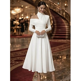 A-Line Ankle Length Tea Length Cocktail Dresses Elegant Empire Waist Evening Long Sleeve High Neck Evening Party Wedding Stretch Satin with Pleats Solid Color