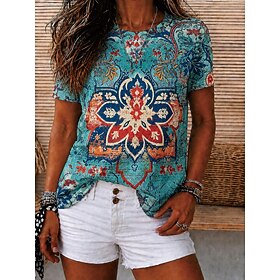 Women's T Shirt Print Floral Graphic Geometric Vintage Stylish Casual Short Sleeve Crew Neck V Neck Round Neck Regular Tops Casual Daily Weekend Brown Green Su