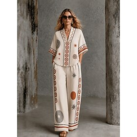 Women's Shirt Cotton Linen Sets Pants Sets Short Sleeve V Neck Floral Graphic Geometric Print Vacation Fashion Streetwear Casual Daily Outdoor Buff Khaki Sprin