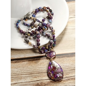 Women's Natural Multi-Color Stone Necklace with Teardrop Pendant – Handmade Bohemian Jewelry for Women, Casual, Garden Party and Vacation Style